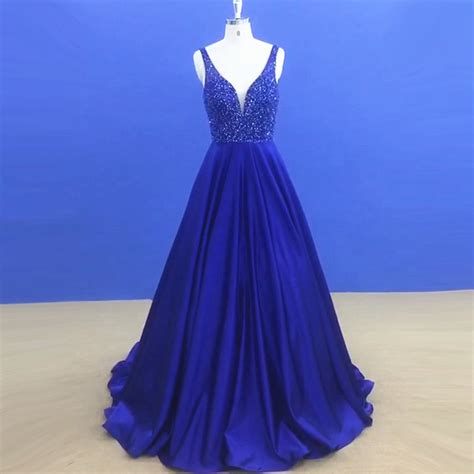 Stunning Royal Blue Formal Dresses Long Satin Beaded Evening Prom Gowns