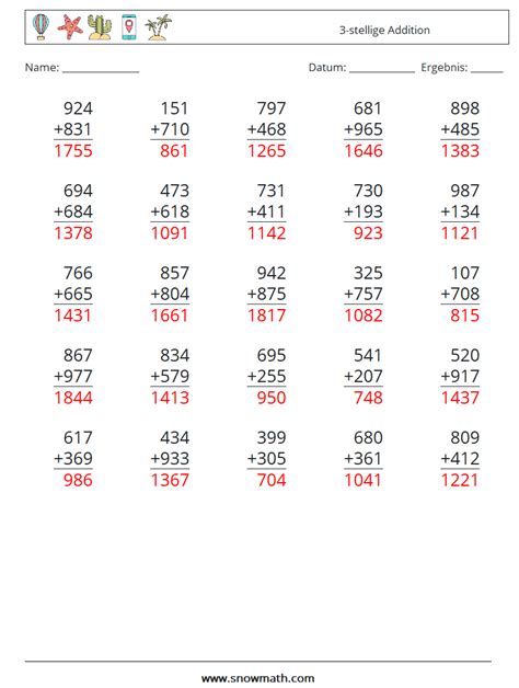 25 3 stellige addition Mathe Arbeitsblätter 10Mathe Arbeitsblätter