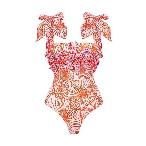 3d Flower Tie Shoulder Printed One Piece Swimsuit Flaxmaker