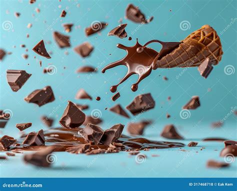 Exploding Chocolate Ice Cream Cone With Splashing Liquid And Flying