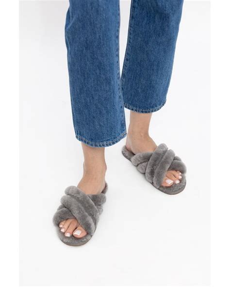 UGG 'scuffita' Fur Slides in Grey (Gray) | Lyst