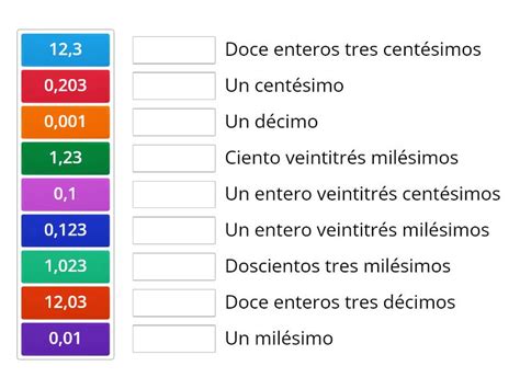 Lectura Y Escritura De Decimales Une Las Parejas