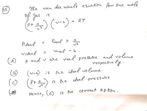 The Van Der Waals Equation For Mole Of Gas Is P Av V B Rt