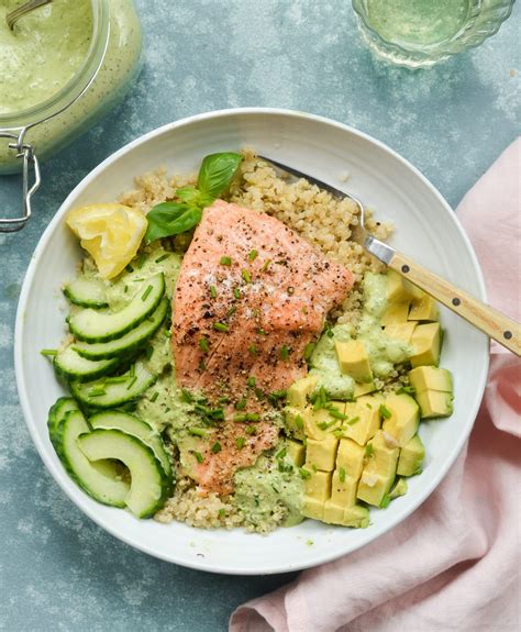 Roasted Salmon Quinoa Bowls With Avocado Cucumber Green Goddess