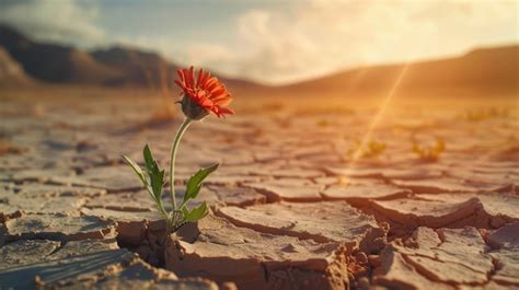 Flower Growing In Desert Drought Concept Illustration In Dry Landscape Premium Ai Generated Image