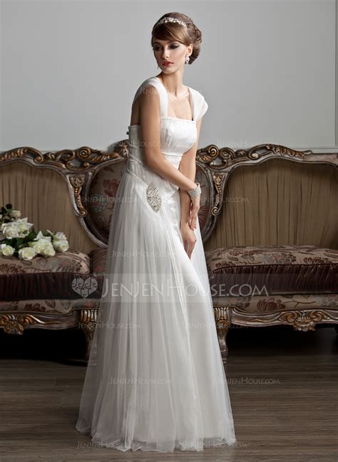 A Line Princess Square Neckline Floor Length Tulle Wedding Dress With