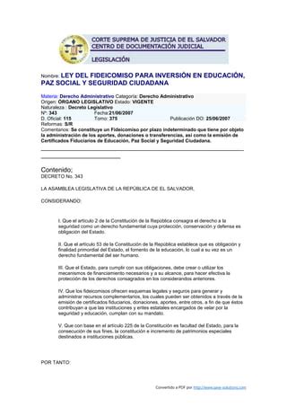 Ley del fideicomiso para inversión en educación paz social y seguridad