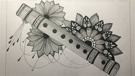 A Pencil Drawing Of A Flute With Flowers On It