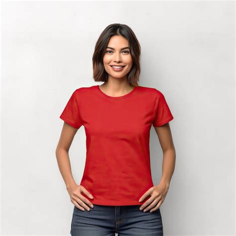 Premium AI Image A Woman Wearing A Red Shirt That Says T Shirt On It