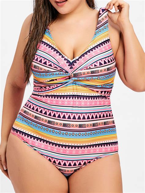 [17 Off] 2021 One Piece Plus Size Aztec Print Swimsuit In Colormix Dresslily