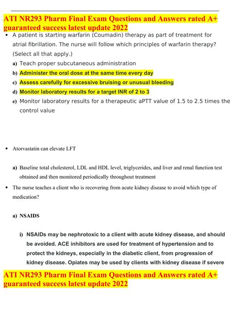 ATI NR293 Pharm Final Exam Questions And Answers Rated A Guaranteed