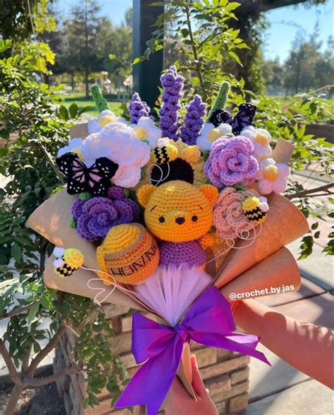 Purple Winnie The Pooh Bouquet W Butterflies In Crochet