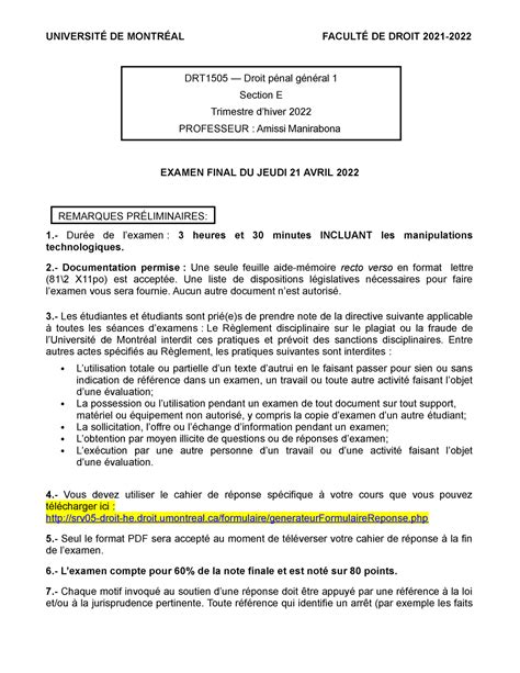 DRT1505E H22 Practice exam UNIVERSITÉ DE MONTRÉAL FACULTÉ DE DROIT