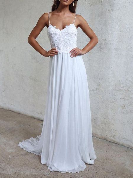 A Line Spaghetti Straps Backless Lace White Beach Wedding Dresses Whi