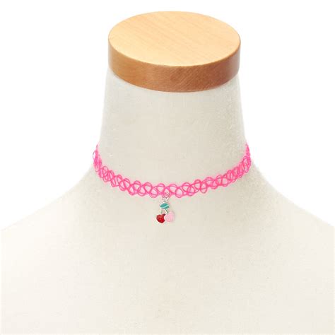 Claires Club Cherry Heart Choker Necklace Pink Claires Us