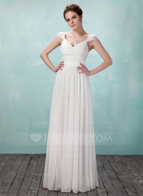 A Line Princess V Neck Floor Length Chiffon Evening Dress With Ruffle