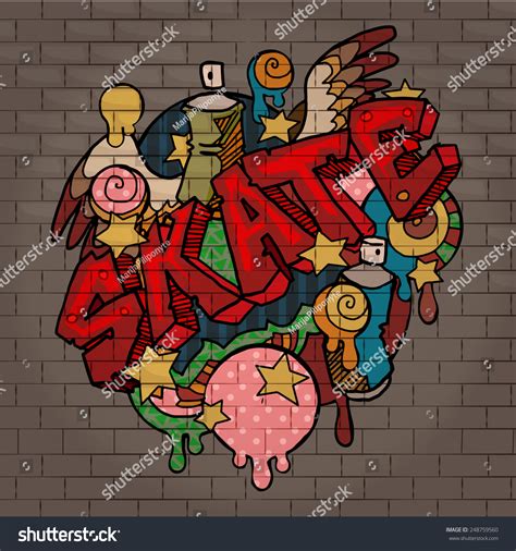 Skate Graffiti On Brick Wall Vector Illustration 248759560