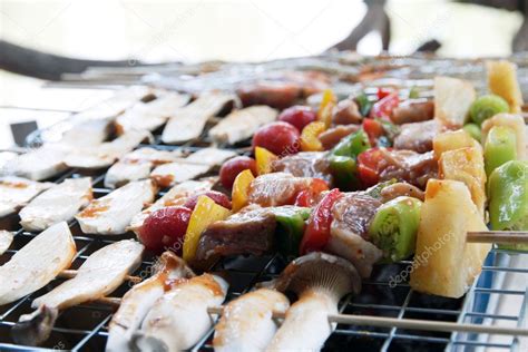 Bar-B-Q grill of meat and veggies — Stock Photo © PeachLoveU #116266094