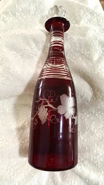 RUBY RED CUT To Clear Glass Crystal Bohemian Czech Decanter Bottle VTG