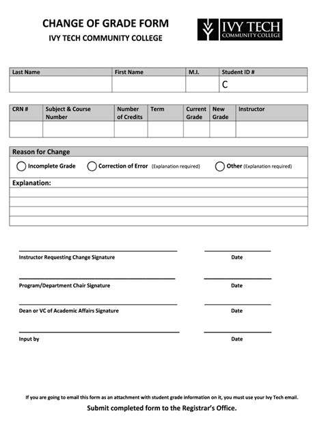 Fillable Online Wwwcc Ivytech Change Of Grade Form Ivy Tech Community