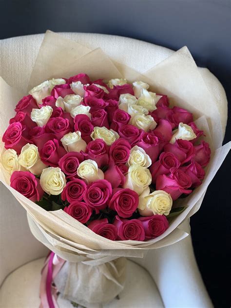 75 Roses Bouquet. White And Hot Pink Roses Bouquet