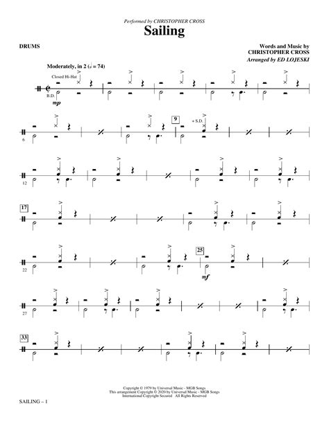 Sailing Arr Ed Lojeski Drums By Christopher Cross Sheet Music For