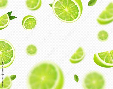 Falling lime fruit. Green slices of realistic lime, blurred motion on transparent background ...