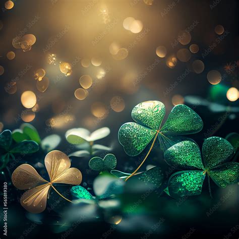 Beautiful Festive Background With Shining Clover Shamrocks And Golden