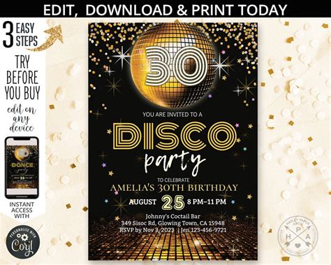 Disco Party Gold Disco Ball Birthday Dance Party Invitation Adult Anniversary Black Gold Glitter