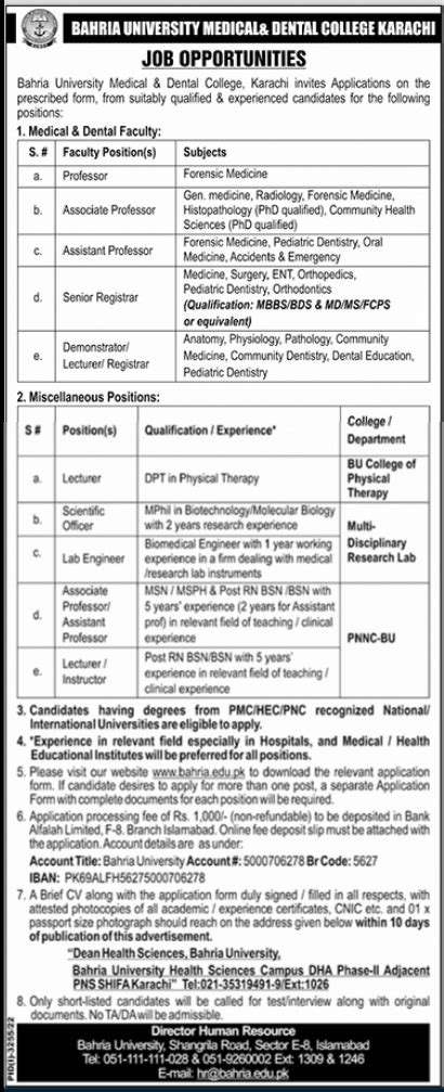 Bahria University Medical And Dental College Karachi Jobs 2022 2025 Job Advertisement Pakistan