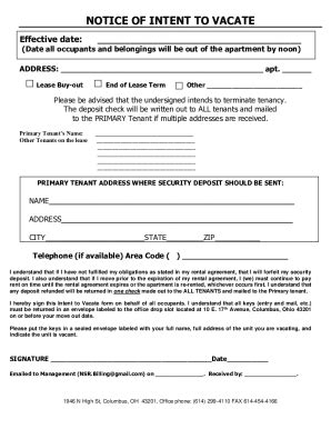 Fillable Online Notice Of Intent To Vacate Fax Email Print Pdffiller