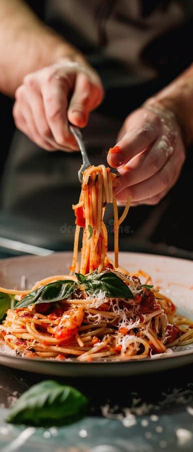 Closeup Of Hands Twisting A Pasta Fork Winding Spaghetti With A Rich Tomato And Basil Sauce