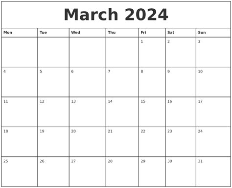 March 2024 Printable Monthly Calendar