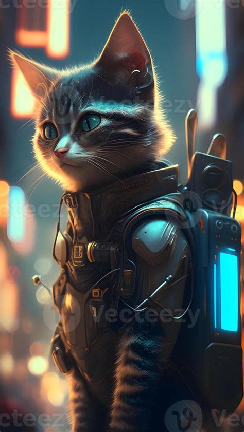 Ilustraci N De Gato En Cyberpunk Estilo Con Vestir Y Ropa Con Futurista