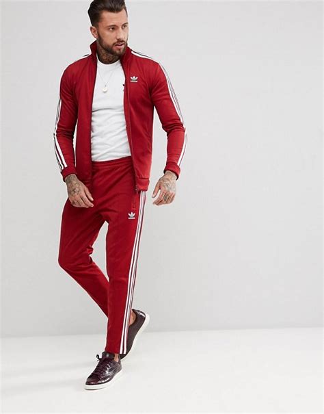 Adidas Originals Adicolor Beckenbauer Skinny Tracksuit In Burgundy Asos