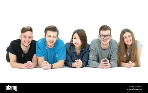 Student Team Of Five People Lying On The Floor And Looking At Camera On