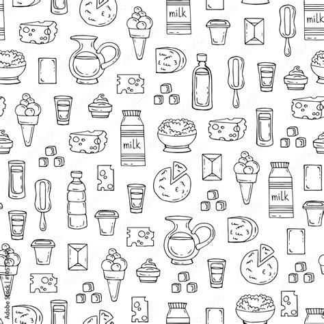 Vector Seamless Pattern With Hand Drawn Isolated Dairy Products Milk On