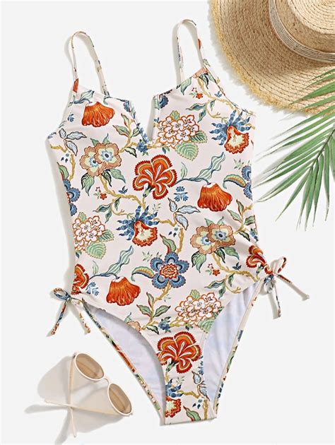 Floral Print V Wired One Piece Swimsuit Shein Usa