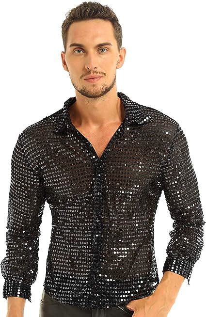 Inhzoy Chemise Disco Paillettes Brillantes Pour Homme Manches