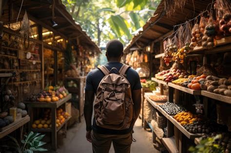 Premium Ai Image A Man Traveler With A Rucksack And Looking On At A