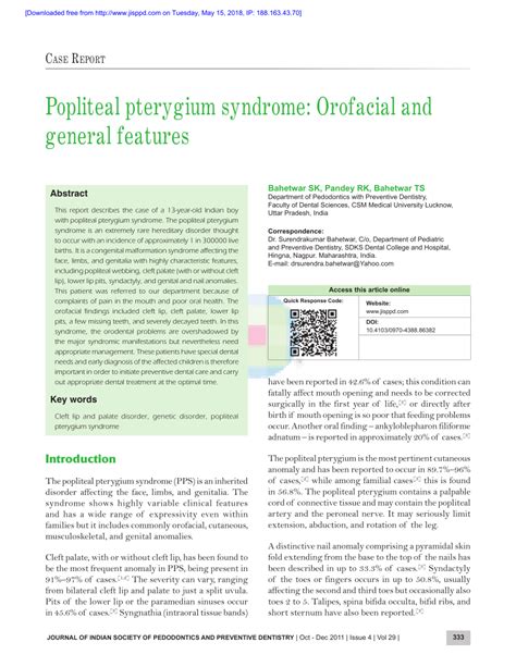 Pdf Popliteal Pterygium Syndrome Orofacial And General Features