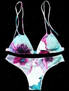 Floral Print Spaghetti Straps Elastic Bikini Set White Bikinis S Zaful