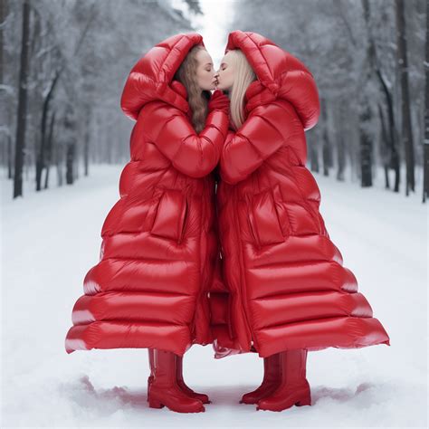 Gorgeous Women In Red Oversized Puffer Coats