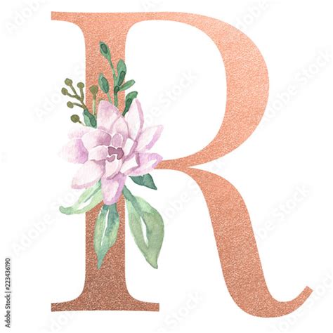 Watercolor Monogram Alphabet Letter R Rose Gold Foil Stock Illustration