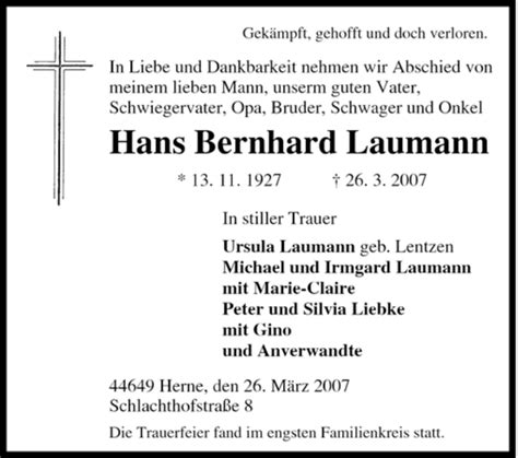 Traueranzeigen Von Hans Bernhard Laumann Trauer In Nrw De