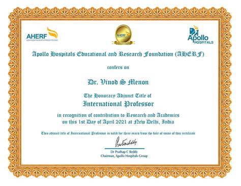 Certificate Honorary Adjunct Title Of International Professor Of Aherf Prof Vinod Menon