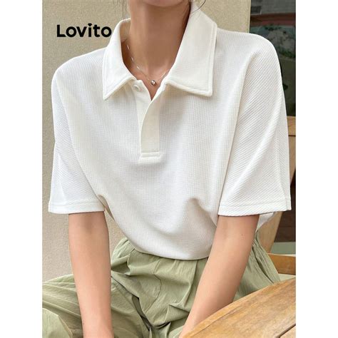 Lovito Casual Plain Waffle Knit Polo T Shirt For Women L80ed108 Lovito