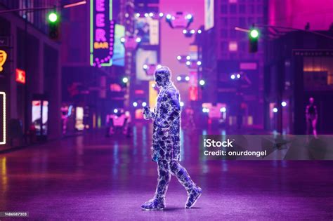 Kota Gaya Cyberpunk Metaverse Dengan Manusia Buatan Berjalan Di Jalan