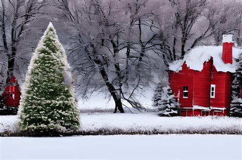 Beautiful Snowy Country Christmas Scene with Red Accents · Creative Fabrica