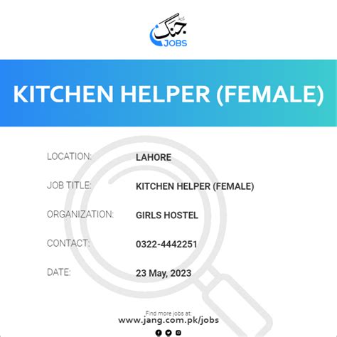 Kitchen Helper Female Job Girls Hostel Jobs In Lahore